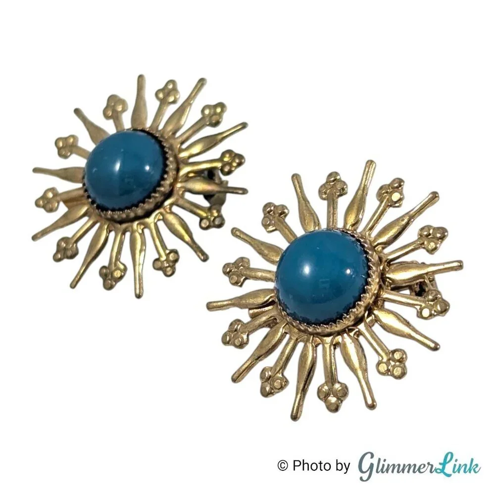 Vintage Starburst Scatter Brooch Set Gold Tone with Blue Cabochons Set of 2